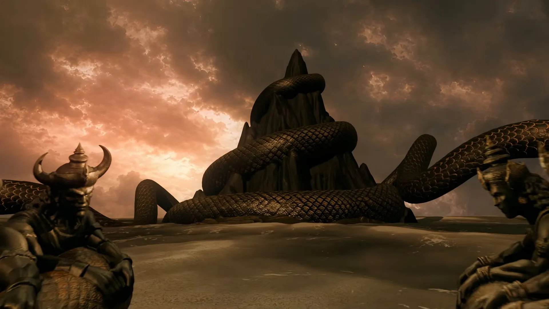 Mount Mandara wrapped in the serpent Vasuki, resting on Kurma's shell in a sea of milk.