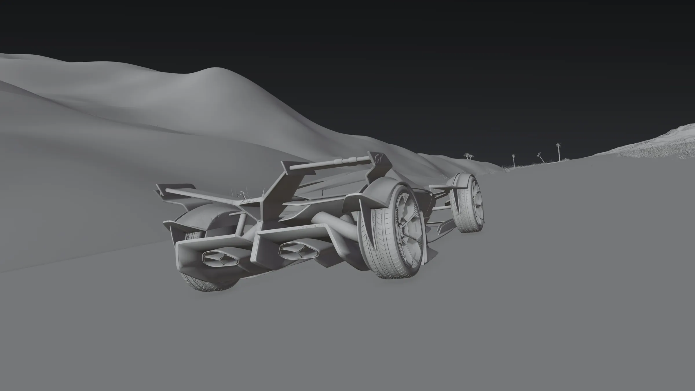 The rear chase shot as a greyscale clay render.