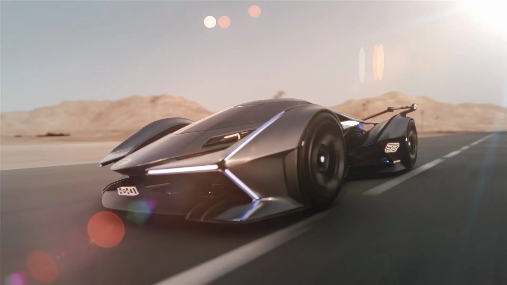 A dark grey Lamborghini concept hypercar with glowing white accent lines on an open desert road, sun glare and lens flares.