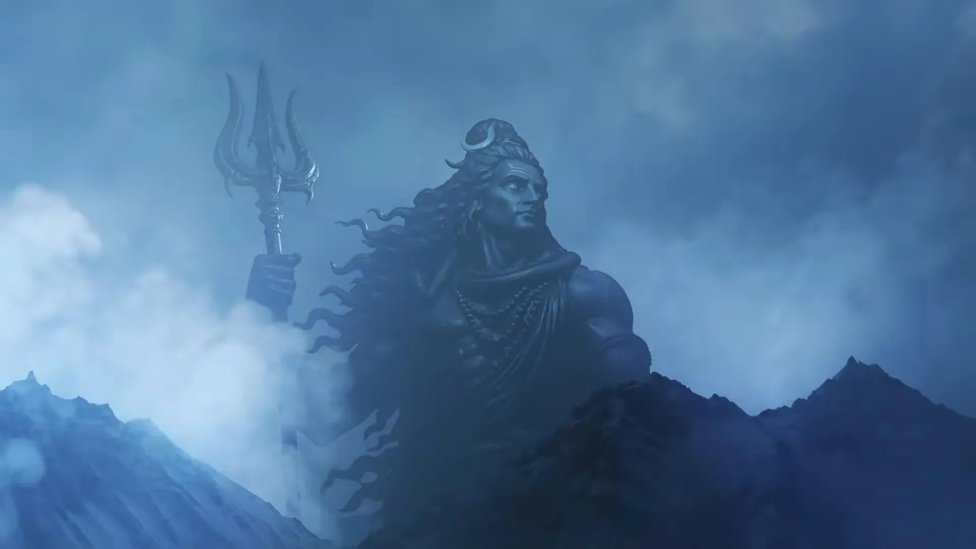 Shiva with a trishul standing among blue mountain mist, his hair streaming.